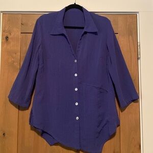 Fridaze 100% Linen button down Tunic Blouse Womens L Purple asymmetric Lagenlook